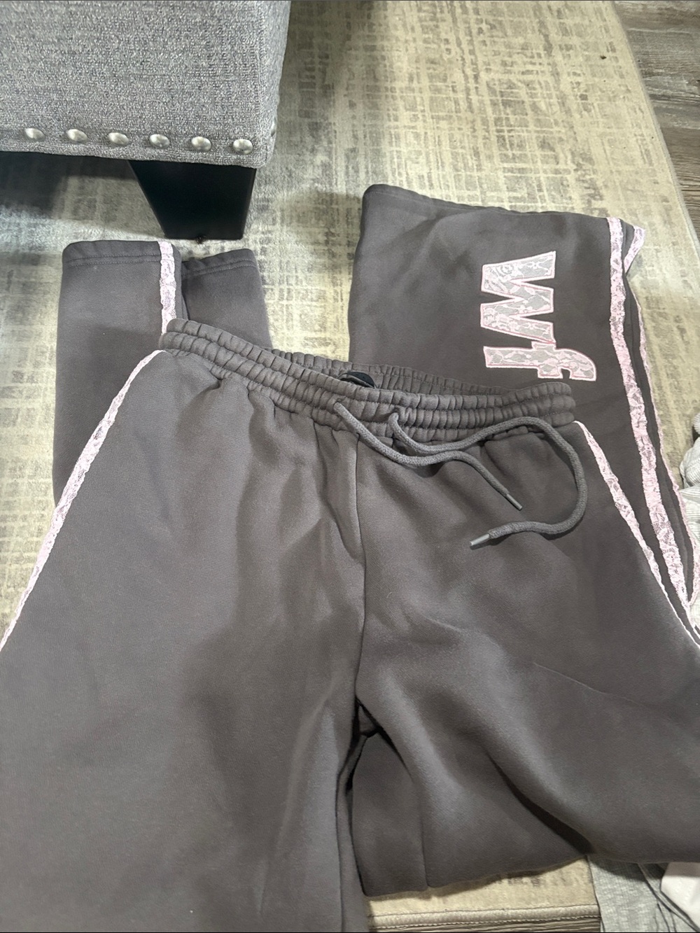 White Fox Boutique Black Sweatpants with Pink Lace Trim